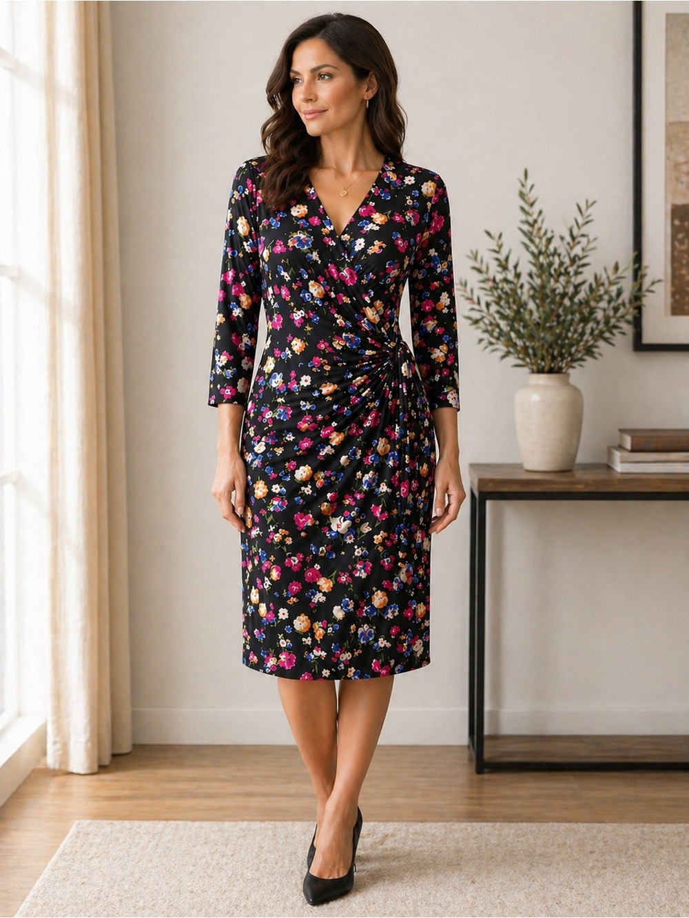 Lauren Ralph Lauren Black Floral Faux Wrap Dress Midi Dress Size 12